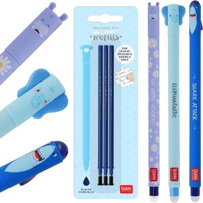LEGAMI - Set of 3 Cute Erasable Gel Pens + 3 Blue Refills, with Thermosensitive Erase Ink, 0.7mm Tip, Shark, Elephant, & Hippo Design