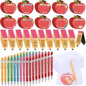 Tenceur 200 Pcs Teacher Appreciation Gifts Set Back to School Include 50 Pencil Shape Bookmarks 50 Apple Sticky Notes 50 Ballpoint Pens with Stylus Tip 50 White Organza Bags Gift for Teachers Party