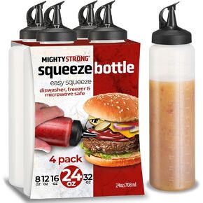 4 Pack Condiment Squeeze Bottles for Sauces - 24 Oz Squirt Bottles for Liquids, Easy Pour Sauce Bottles with Leak Proof Snap Cap, Condiment Bottles, Plastic Squeeze Bottles for Liquids, Ketchup, Oil