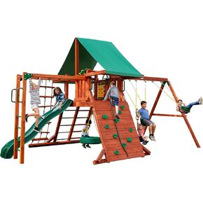 Gorilla Playsets 01-0011 Sun Valley II Wood Swing مع حانات قرد ، وألعاب الإطارات ، والجدار الصخري ، Redwood