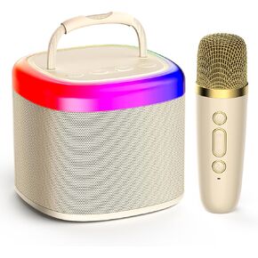 JYX Mini Karaoke Machine for Kids, Portable Bluetooth Karaoke Speaker Unpowered Cabinets with 2 Wireless Microphones and Party Lights for Adults, Birthday Gifts for Girls Boys Family Home Party(Beige)