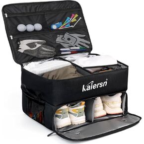 Golf Trunk Organizer, 2 Layer Waterproof Car Golf Locker with Separate Ventilated Compartment for 2 Pair Shoes, Durable Golf Trunk Storage for Balls, Tees, Clothes Golf Accessories