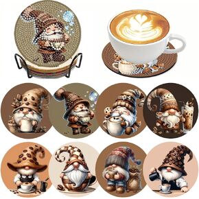 8 PCS GNOME Diamond Art Coasters مجموعات مع حامل ، Gnome Coffee Diamond Coasters مجموعات للبالغين ، DIY 5D Diamond Dots Small Mini Kit Full Drill Art Craft Supplies 4 × 4 بوصة