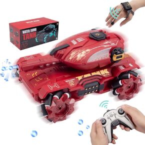 RC Stunt Tank with Light, Watch Gesture Sensor RC Tank Toy, 360 Rotation Remote Control Stunt Car Shooting Water Bullets (Red), Halloween Toys,Festival Gifts