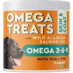 Pawfectchow Omega 3 للكلاب - يعالج زيت سمك السلمون في ألاسكا للكلاب - أحماض أوميغا الدهنية - مكملات الجلد والمعطف - الجلد الجاف ، سفك وإغاثة الحساسية - 120Ct - COD & BBQ دجاج