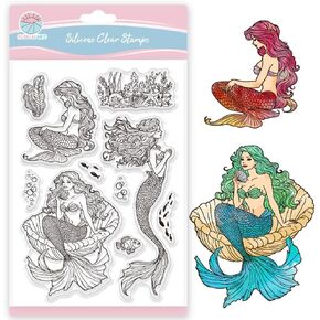 GLOBLELAND Mermaid Clear Stamps Ocean Fish Silicone Clear Stamp Seals Coral Shell Transparent Stamps for DIY Scrapbooking Cards Making Photo Album Journal