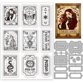 INFUNLY Dark Magic Tarot Clear Stamp and Die Cuts Set Black Snake Tarot Reusable Silicone Stamps Sun and Moon Tarot Transparent Seal Skeleton Cat Rubber Stamps for Card Making DIY Scrapbooking Album