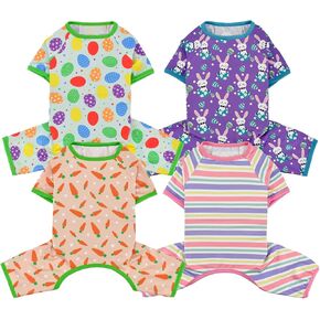 Vehomy 4-Pack Pet Dog Easter Pajama Puppy Easter Onesies Cat Pjs with Easter Egg Carrot Bunny Stripes Patterns for Small Dogs Easter Dog Clothes Outfits Shirts Jumpsuits S