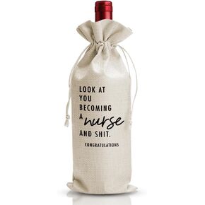 DOI-LANEE Nurse Graduation Gift Wine Bag For Women Her Friend Gril, Surviving Nursing School Graduation Party Favors, Nurse Day Week Gift, Med School Farewell, Drawstring Linen Wine Bottle Bag