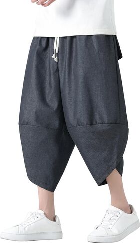 PRIJOUHE Men's Harem Pants Casual Lightweight Elastic Waist Wide Leg Baggy Linen Capri Pants Trousers in Saudi Arabia