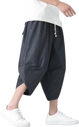 PRIJOUHE Men's Harem Pants Casual Lightweight Elastic Waist Wide Leg Baggy Linen Capri Pants Trousers in Saudi Arabia