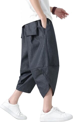 PRIJOUHE Men's Harem Pants Casual Lightweight Elastic Waist Wide Leg Baggy Linen Capri Pants Trousers in Saudi Arabia