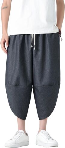 PRIJOUHE Men's Harem Pants Casual Lightweight Elastic Waist Wide Leg Baggy Linen Capri Pants Trousers in Saudi Arabia