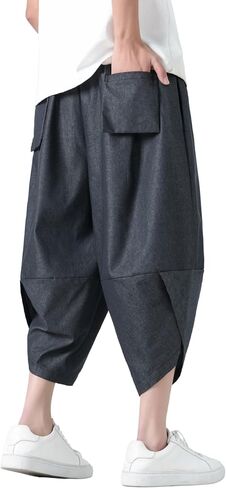 PRIJOUHE Men's Harem Pants Casual Lightweight Elastic Waist Wide Leg Baggy Linen Capri Pants Trousers in Saudi Arabia