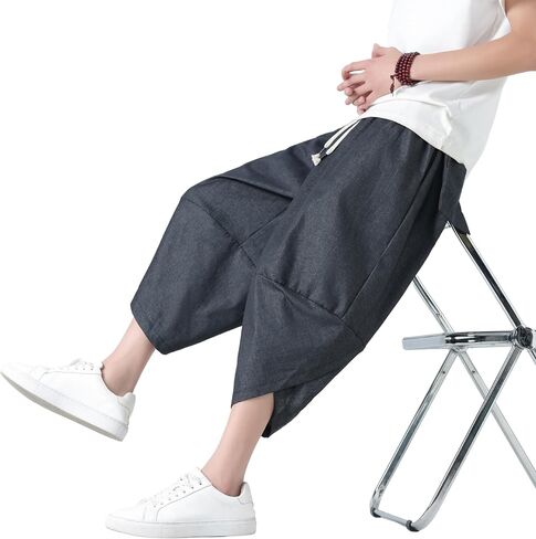 PRIJOUHE Men's Harem Pants Casual Lightweight Elastic Waist Wide Leg Baggy Linen Capri Pants Trousers in Saudi Arabia