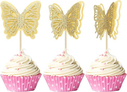 Gyufise 24pcs Butterfly Cupcake Toppers - Glitter Hollow 3D Butterfly Cupcake Picks Decorations for Wedding, Anniversary, Baby Shower & Kids Birthday Parties - Gold in Kuwait