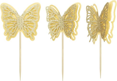 Gyufise 24pcs Butterfly Cupcake Toppers - Glitter Hollow 3D Butterfly Cupcake Picks Decorations for Wedding, Anniversary, Baby Shower & Kids Birthday Parties - Gold in Kuwait