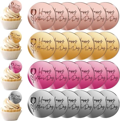 BEISHIDA 24pcs Happy Mother's Day Cupcake Topper Acrylic Cupcake Decoration Rosegold Silver Gold Hot Pink Discs Mirror Cupcake Decor I love You Mom Best Mom Mother's Day Party Supplies in Kuwait