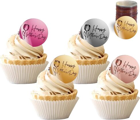 BEISHIDA 24pcs Happy Mother's Day Cupcake Topper Acrylic Cupcake Decoration Rosegold Silver Gold Hot Pink Discs Mirror Cupcake Decor I love You Mom Best Mom Mother's Day Party Supplies in Kuwait