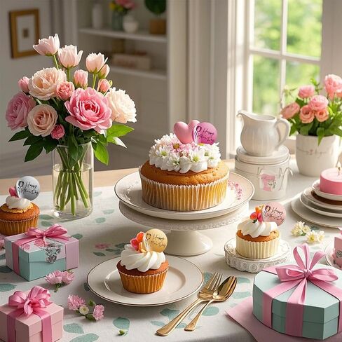 BEISHIDA 24pcs Happy Mother's Day Cupcake Topper Acrylic Cupcake Decoration Rosegold Silver Gold Hot Pink Discs Mirror Cupcake Decor I love You Mom Best Mom Mother's Day Party Supplies in Kuwait