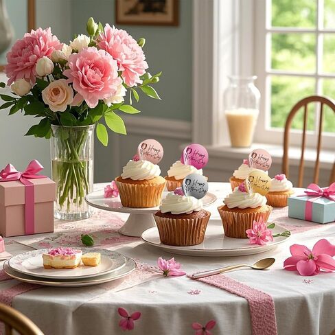 BEISHIDA 24pcs Happy Mother's Day Cupcake Topper Acrylic Cupcake Decoration Rosegold Silver Gold Hot Pink Discs Mirror Cupcake Decor I love You Mom Best Mom Mother's Day Party Supplies in Kuwait