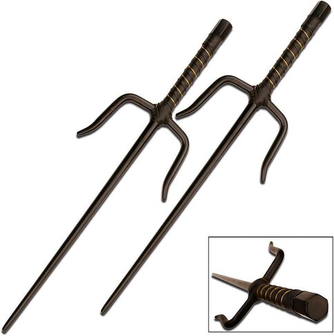 MASTER USA – Octagon Metal Sai Set - Training Equipment – Solid Steel w/ Mirror Polished Finish, Leather Wrapped Handles, Sold as Set - 2309-C - Self Defense, Training, Cosplay, Martial Arts.,Silver 15-Inch Overall in Kuwait