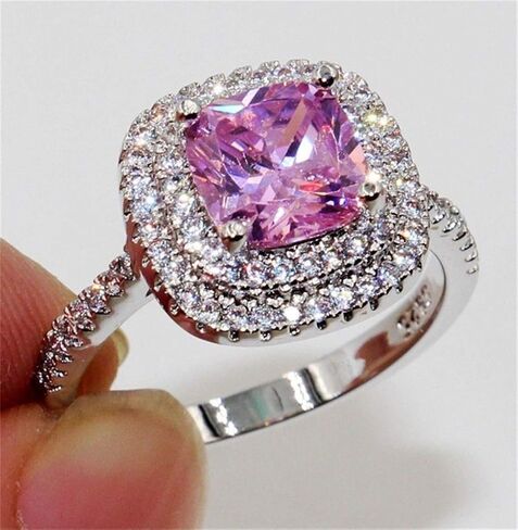 وسادة حلقة الموضة قطع 4CT 5A Zircon Stone 925 Silver Shiny Half Full Diamond Square Square Band Band Ring for Women (Purple ، 9) in Kuwait