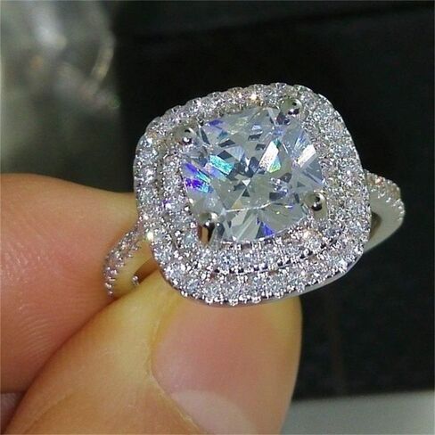 وسادة حلقة الموضة قطع 4CT 5A Zircon Stone 925 Silver Shiny Half Full Diamond Square Square Band Band Ring for Women (Purple ، 9) in Kuwait