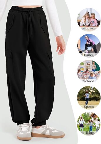 Girls Cargo Pants Kids Jogger Slim Fit with Pockets Quick Dry Drawstring High Waisted Sweatpants 7-14Y in Kuwait