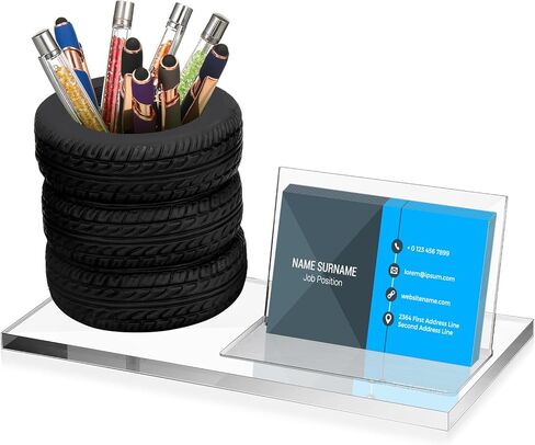 Sherr Tire Shaped Pen Holder Arylic Tire Business Card Holder Tire Shape Stationery Set Automotive Business Card and Pen Holder Business Office Desk Organizer for Men Mechanics Gifts Car Lover(Clear) in Saudi Arabia