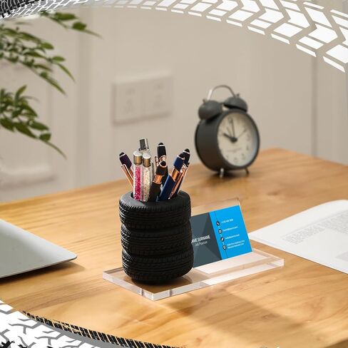 Sherr Tire Shaped Pen Holder Arylic Tire Business Card Holder Tire Shape Stationery Set Automotive Business Card and Pen Holder Business Office Desk Organizer for Men Mechanics Gifts Car Lover(Clear) in Saudi Arabia