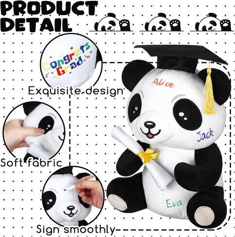 12 Inch Graduation Autograph Stuffed Animal Panda Bear Plush with Graduation Cap Smooth Fabric Congrats Grad Stuffed Panda Bear with 8 Colored Marking Pens for Graduate Student Party Supply in Saudi Arabia