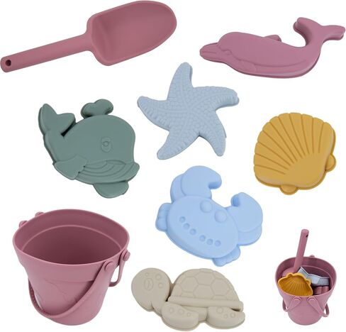 LAT 8Pcs Silicone Beach Toys-Summer Kids Beach Set with Silicone Bucket, Shovel, 6 Sand Molds | Outdoor Playset for Toddlers, Kids(Beige) in Saudi Arabia