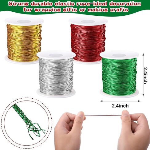 Shappy 4 Rolls 200 Yards Metallic Elastic Cords Christmas Stretch Cord Metallic Stretchy Ribbon Colored Red Gold Elastic Cord for Gift Wrapping Jewelry Making Craft(Multi Color) in Kuwait