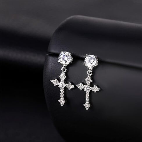 TRUMIUM Cross Earrings for Men Women 925 Sterling Silver Hypoallergenic Silver Gold Stud Earrings White Cubic Zirconia Cz Dangle Earrings in Saudi Arabia