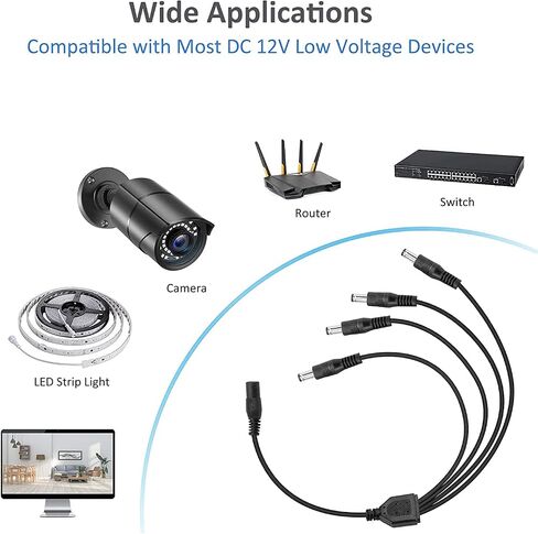 4 Pack Black 1 Female to 4 Male 5.5mm*2.1mm DC Power Splitter Cable, 1 to 4 Way DC Power Output Y Adapter Cable Cord for CCTV Cameras Router LED Light Strip and More (4 Pack, 1 to 4 Way) in Kuwait