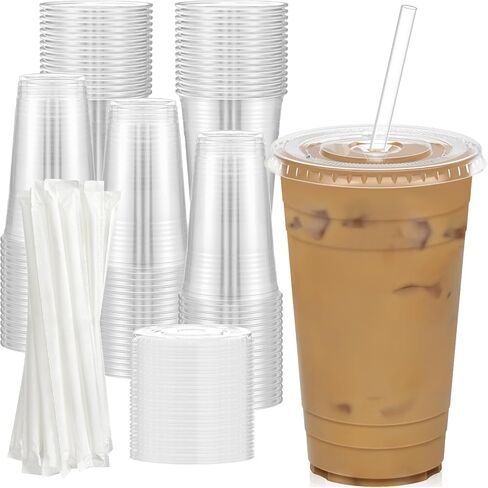 100 Pack - 16 oz Clear Plastic Cups with Lids and Straws, Sturdy & Food Safe Iced Coffee Cups with lids, Iced Coffee Cup, Disposable Cups Plastic Coffee Cups Smoothie Cups for Cold Drinks in Kuwait