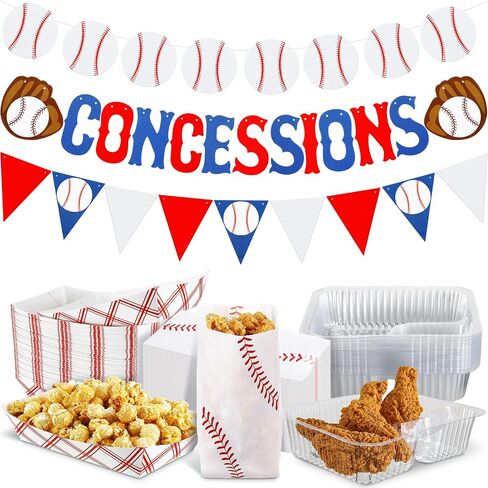 153 Pcs Baseball Party Supplies Concession Banners Baseball Party Decoration 50 Set Baseball Food Boats Popcorn Bags Plastic Nacho Trays for Sport Circus Carnivals Birthday Party Movie Night in Kuwait