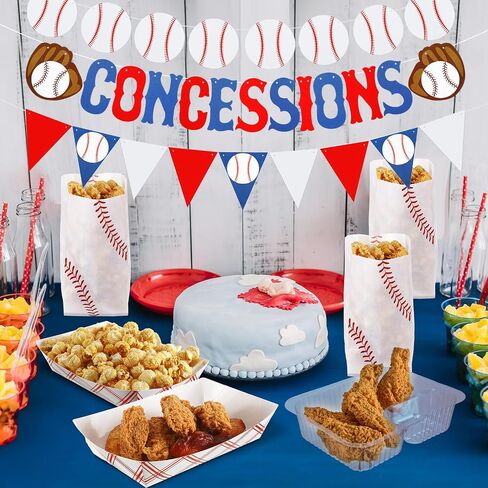 153 Pcs Baseball Party Supplies Concession Banners Baseball Party Decoration 50 Set Baseball Food Boats Popcorn Bags Plastic Nacho Trays for Sport Circus Carnivals Birthday Party Movie Night in Kuwait