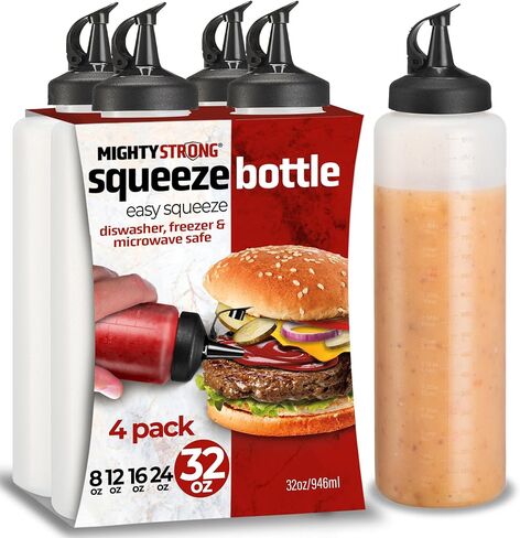 4 Pack Condiment Squeeze Bottles for Sauces - 24 Oz Squirt Bottles for Liquids, Easy Pour Sauce Bottles with Leak Proof Snap Cap, Condiment Bottles, Plastic Squeeze Bottles for Liquids, Ketchup, Oil in Saudi Arabia