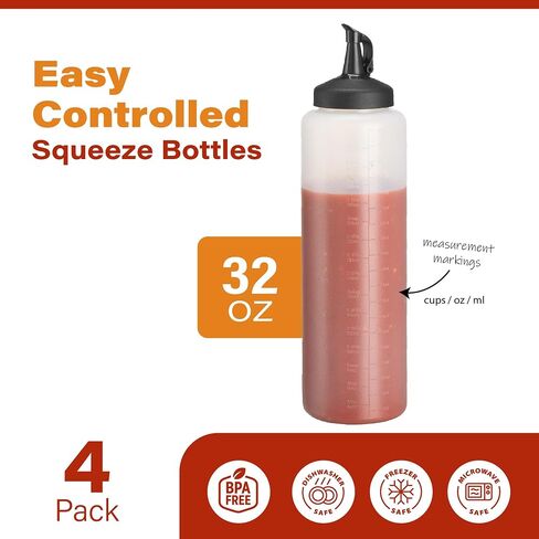 4 Pack Condiment Squeeze Bottles for Sauces - 24 Oz Squirt Bottles for Liquids, Easy Pour Sauce Bottles with Leak Proof Snap Cap, Condiment Bottles, Plastic Squeeze Bottles for Liquids, Ketchup, Oil in Saudi Arabia