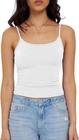 قميص نسائي قصير بياقة سكوب وحزام سباغيتي قابل للتعديل قميص بدون أكمام Y2K كامي قطع علوية مقصوصة in Kuwait