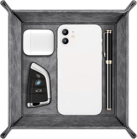 SITHON Valet Tray Desktop Storage Organizer – Premium PU Leather Catchall Tray Bedside Vanity Tray Nightstand Caddy Holder for Remote Controller, Keys, Phone, Wallet, Coin, Jewelry, Black in Kuwait