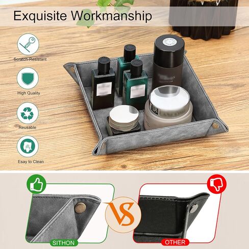 SITHON Valet Tray Desktop Storage Organizer – Premium PU Leather Catchall Tray Bedside Vanity Tray Nightstand Caddy Holder for Remote Controller, Keys, Phone, Wallet, Coin, Jewelry, Black in Kuwait