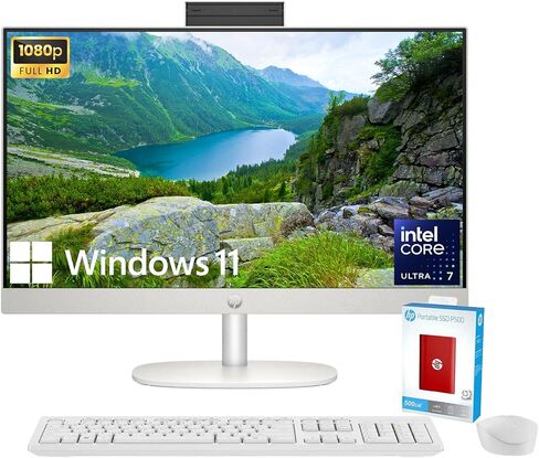 HP Newest 27" All-in-One Desktop Computer, FHD IPS Touchscreen, Intel Core Ultra 7-155U 12-Core Processor, 64GB DDR5, 4TB SSD, Wi-Fi 6, HDMI, Wireless KB&Mouse, Windows 11 Home, P500 Portable SSD in Kuwait