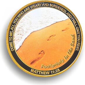 Footprints in The Sand Challenge Coin - Matthew 11:28 and Inspirational Message ﻿
