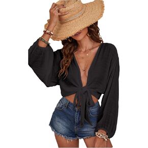 Verdusa Women's Tie Front Long Sleeve Swimsuit Kimono Cover Up Wrap Blouse Top in Kuwait
