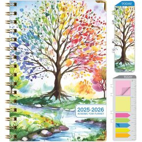 HARDCOVER Academic Year 2025-2026 Planner: (June 2025 Through July 2026) 5.5"x8" Daily Weekly Monthly Planner Yearly Agenda. Bookmark, Pocket Folder and Sticky Note Set (Tree Seasons)