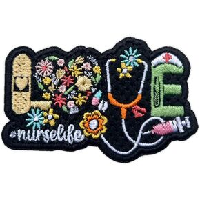 Love Nurse Life Embroidery Patches for Clothes Backpacks Hats Jeans Bags, Medical Nurese RN CNA Size 3" Iron Patch or Sew On Patches, Floral Heart Applique Embroidery Patches