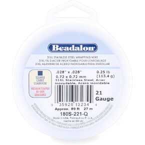 Beadalon 316L Stainless Steel Wrapping Wire, Square, 21 Gauge, 89 feet, 1/4 Pound